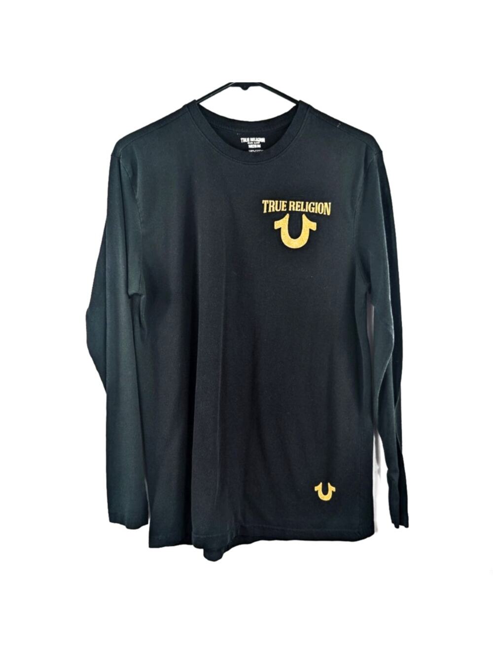 True Religion Brand Jeans Mens Medium Black Gold Horseshoe Logo Long Sleeve Tee